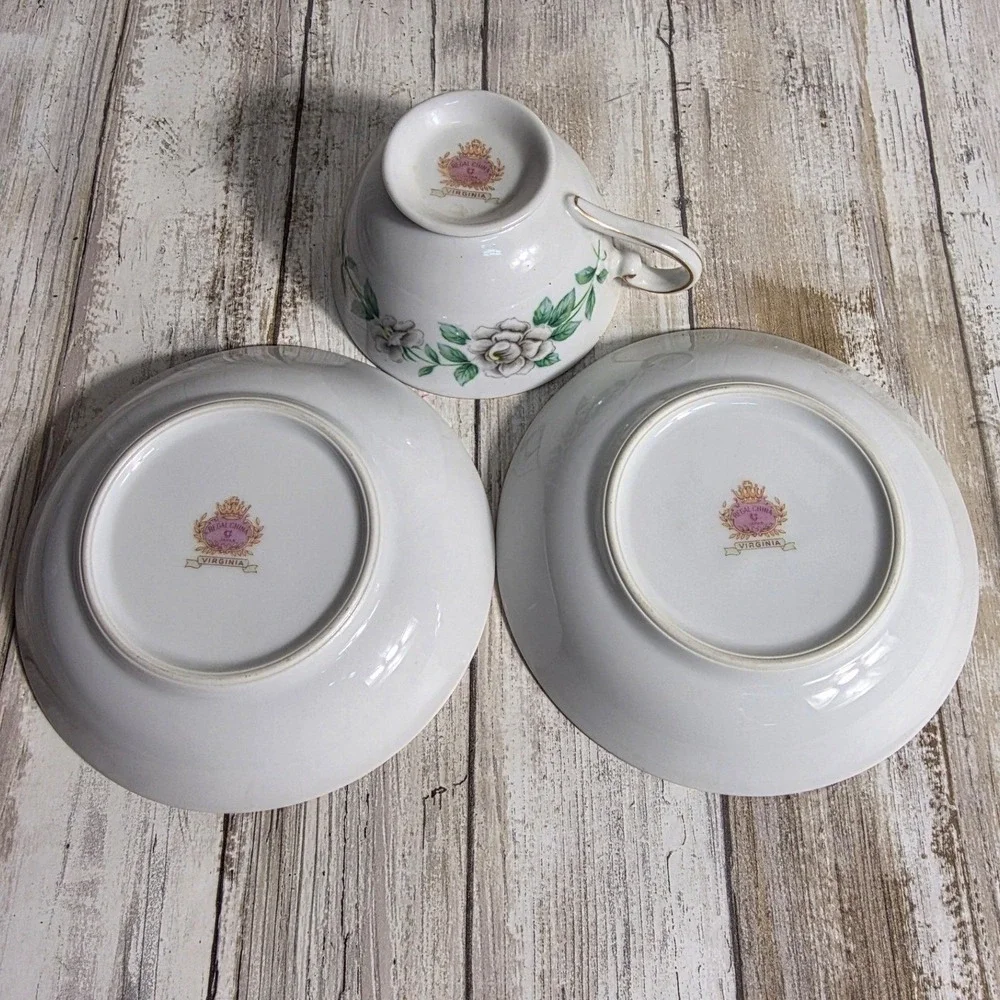 Regal China Virginia Tea Cup and Saucer Set White Floral Gold Trim 3 Piece Japan